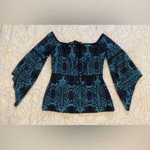 VTG Venus Lace Off Shoulder Blouse, Womens XS, Blue Black Y2K Witchy Whimsygoth